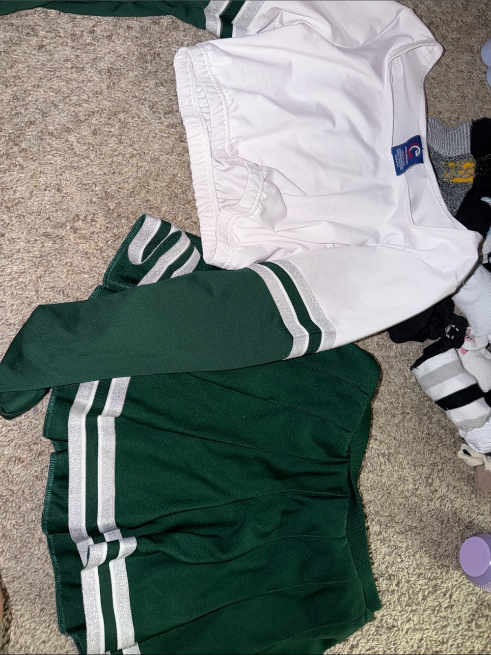 Cheer Uniform White and Forest Green Cheer Skirt Set with Silver Trim crop top
